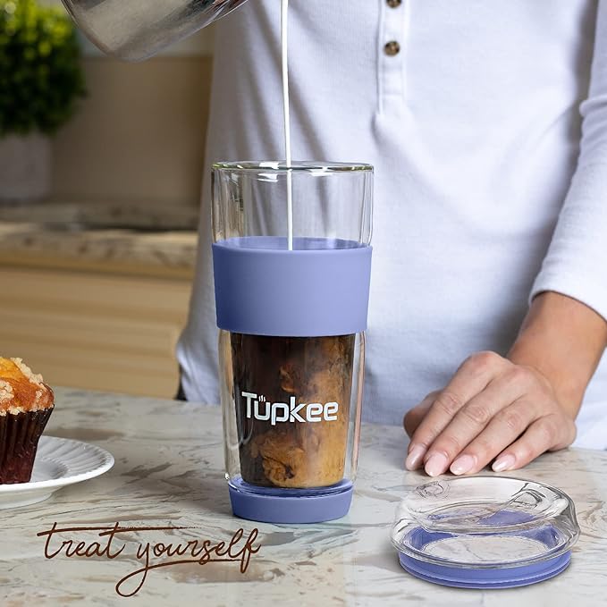 Tupkee Double Wall All Glass Tumbler - 14-Ounce, Reusable Insulated Tea/Coffee Mug & Lid, Hand Blown Glass Travel Mug - Jacaranda - 2 Pack