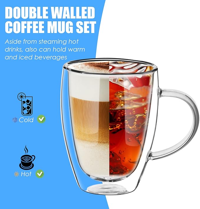 12oz Double Walled Glass Coffee Mugs with Handle, Clear Cappuccino Glass Mug Set of 4, Insulated Layer Coffee Cups, Clear Borosilicate Glass Mugs, Glasses Espresso Mugs for Coffee