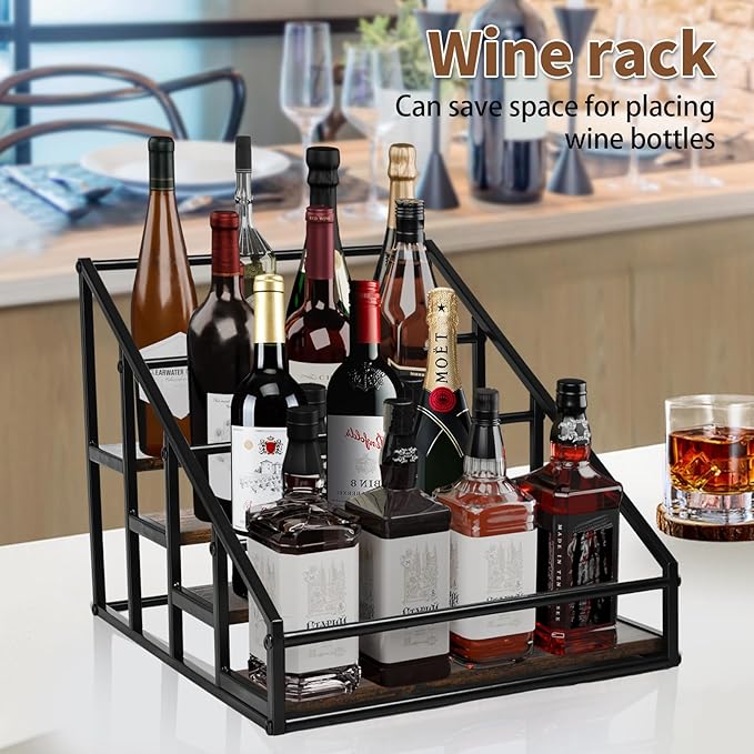 YQBRAO Coffee Syrup Rack Organizer,Liquor Bottle Display Shelf,Water cup display stand,Spice Rack Kitchen Cabinet Organizer,Rustic Brown,2 Packs 4 Tier 16 Bottle Coffee Syrup Holder