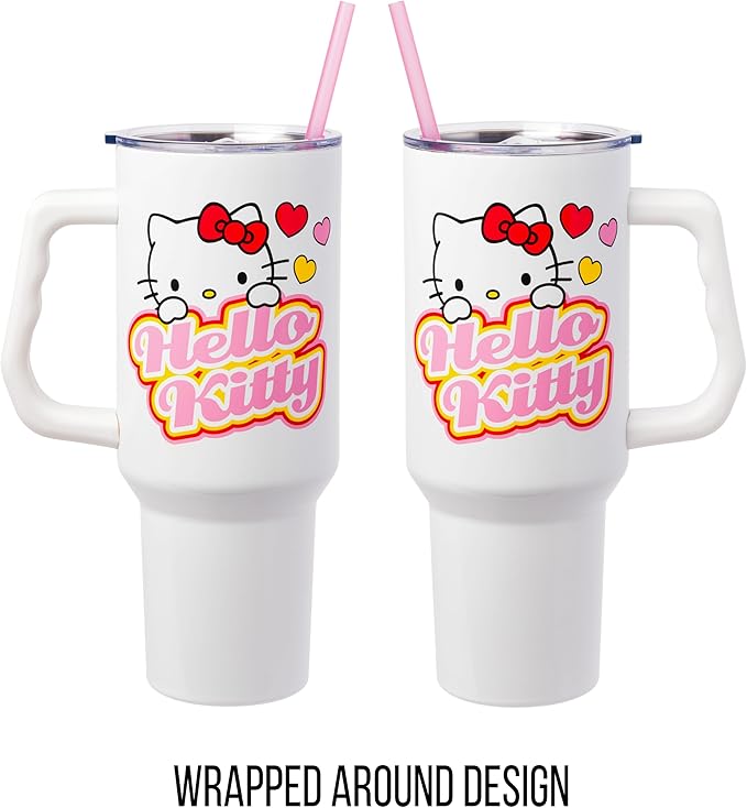 Silver Buffalo Sanrio Hello Kitty Name and Hearts Double Walled Stainless Steel Tumbler with Handle and Straw, Fits in Standard Cup Holder, 40 Ounces