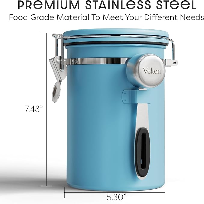Veken Coffee Canister with Window, Easter Gifts Airtight Stainless Steel Container with Lids, Home Kitchen Food Storage Jars for Grounds, Beans, Tea, Flour, Cereal, Sugar, Basket, Scoop, 22OZ, Blue