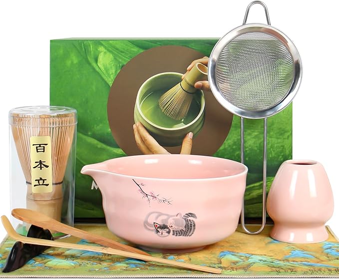 Matcha Whisk Set, Ceremonial Grade Pink Matcha Set, Premium Japanese Matcha Kit with Bamboo Whisk for Matcha Tea, Mixing Bowl, Scoop, Sifter and Matcha Whisk Holder