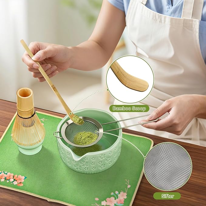 Matcha Whisk Set, 7 Pcs Matcha Making Kit with Matcha Bowl, Matcha Whisk and Holder, Bamboo Scoop, Scoop Rest, Sifter and Tea Towel，Gifts for Christmas Birthday