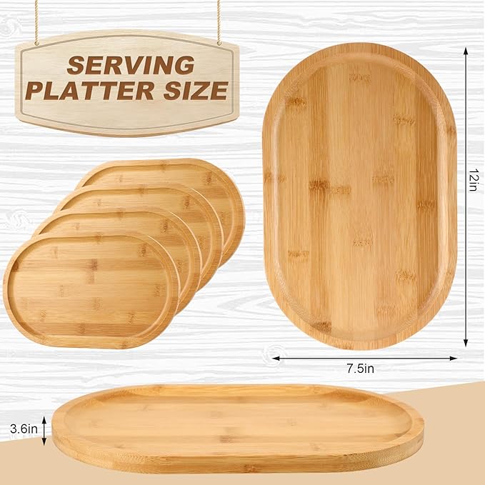 Tanlade 4 Pieces 12 x 7.5 Inch Wooden Serving Tray, Oval Rustic Wood Trays for Crafts Large Decorative Wooden Serving Platter for Tea Coffee Table Food Kitchen Dessert Veggie (Bamboo)