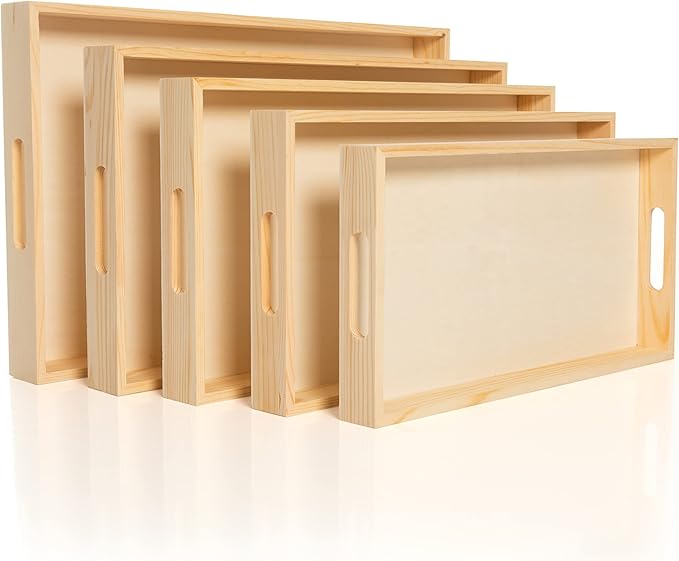 Wooden Nested Serving Trays, Unfinished Rectangle Trays with Cut-Out Handles for Crafts, Ottomans, Serving and Home Décor – Set of 5