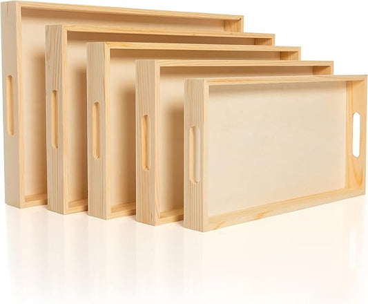 Wooden Nested Serving Trays, Unfinished Rectangle Trays with Cut-Out Handles for Crafts, Ottomans, Serving and Home Décor – Set of 5