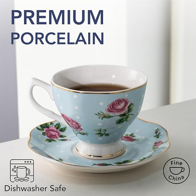 BTaT- Floral Tea Cups and Saucers, Set of 4, 8 oz, Fine Porcelain Teacup Set with Gold Trim for Afternoon Tea, Weddings, Parties & Gifting, Dishwasher Safe, Lightweight, Non-Toxic