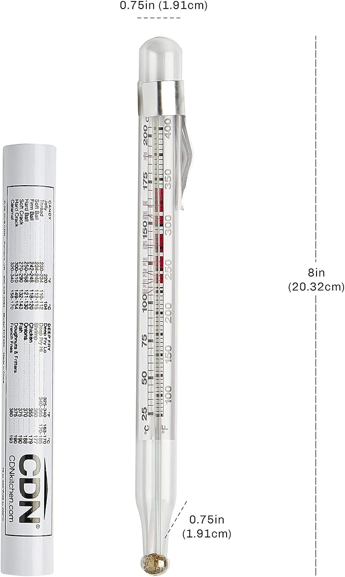 CDN Candy & Deep Fry Thermometer | 8" Durable Lab Glass | Non-Mercuric, Dual-Scale | 75–400°F Range | For Candy Stages, Deep Frying, Oil, Jelly, Sugar | Pot Clip Mount | TCF400