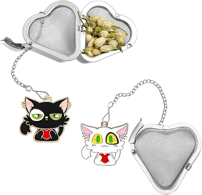 Tea infusers, loose tea strainer, Heart shaped tea ball + cute animal pendant, reusable tea steeper makes afternoon tea meaningful (2, big eyed cat)