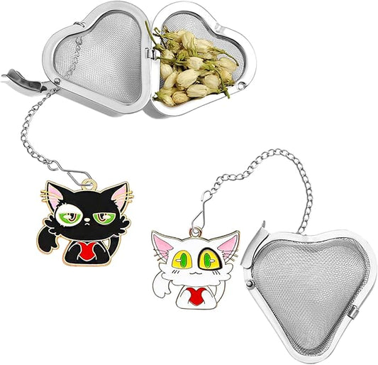 Tea infusers, loose tea strainer, Heart shaped tea ball + cute animal pendant, reusable tea steeper makes afternoon tea meaningful (2, big eyed cat)