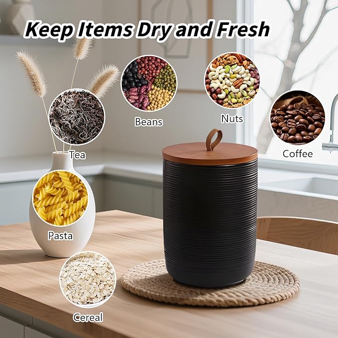 Food Storage Jar Strong Ceramic Storage Canisters with Airtight Wooden Lid,Kitchen Storage Containers for Serving Coffee Beans, Tea, Sugar, Salt, Spices (Big black 44 oz)