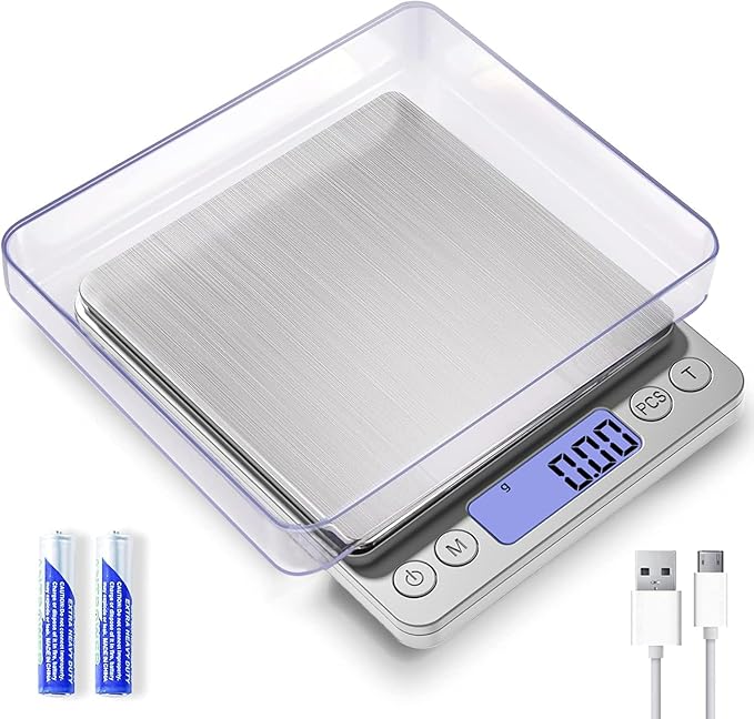 Digital Gram Scale 1000g/0.01g, Scale for Food Ounces and Grams, Upgrade USB Charging Kitchen Scale Digital Weight for Cooking, Baking, Tare Function, 9 Units, 2 Tray