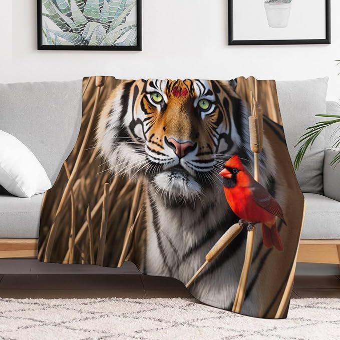 Beautiful Tiger Redbird Feather Fur Super Soft Throw Blanket, Red Cardinal Flannel Fleece Decorative Throw for Sofa Couch Bedroom Decor Outdoor Use 40"x50"