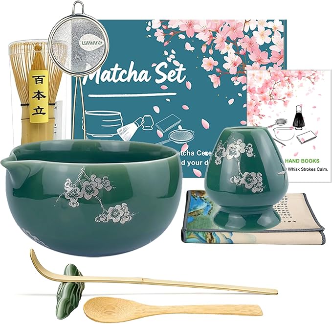 Matcha Whisk Set, Ceramic Matcha Kit Set Includes Matcha Bowl, Matcha Whisk and Holder, Bamboo Scoop and Spoon, Scoop Rest, Sifter and Tea Towel - 8 Pcs Matcha Kit for Matcha Lovers, Green