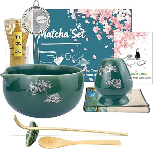 Matcha Whisk Set, Ceramic Matcha Kit Set Includes Matcha Bowl, Matcha Whisk and Holder, Bamboo Scoop and Spoon, Scoop Rest, Sifter and Tea Towel - 8 Pcs Matcha Kit for Matcha Lovers, Green