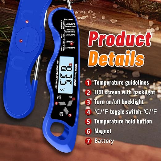 Stocking Stuffers for Men Women Adults: Meat Thermometer, IP67 Waterproof Digital Meat Thermometer with Backlight, Hold Function & Magnet for Grill, BBQ, Candy, Beef,Turkey