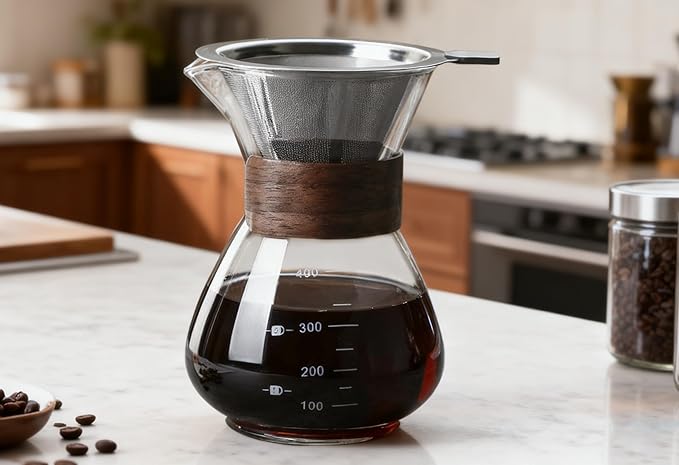 BeeCa Pour Over Coffee Maker Set, Single-Serve Coffee Essential, Reusable Double Stainless Steel Filter + Borosilicate Glass Carafe, Stylish Wood Collar, 2 Cup 400 ml/13.5 oz Portable & Easy Clean