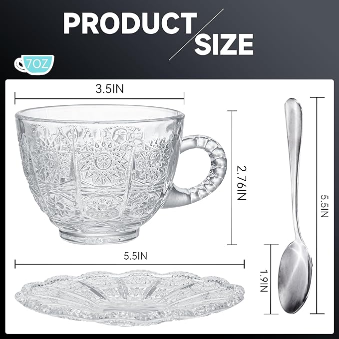Glass Teacups and Saucers Set of 6, Vintage Coffee Mugs with Stainless Steel Spoon, Dishwasher & Microwave Safe Teacups for Espresso Cappuccino Latte Tea Juice, 7OZ/210ML, Clear