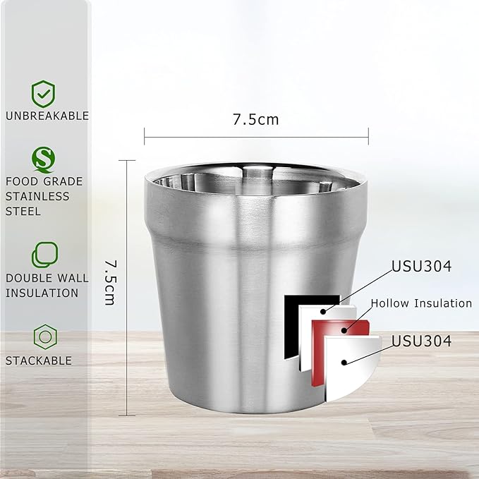 Youda Stainless Steel Double Walled Insulated Cups(Set of 4) Stackable, Coffee Cup/Tea Cup/Chilling Beer Glasses, Great for Toddlers, for Travel, Outdoor, Camping&Everyday(6 oz, Silver)