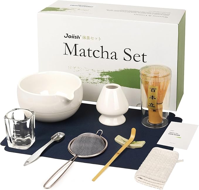 Matcha Whisk Set, Matcha Kit 10-Pcs, Bamboo Whisk and Bowl with Spout & Measuring Spoon & Glass, Japanese Tea Making Tools, White