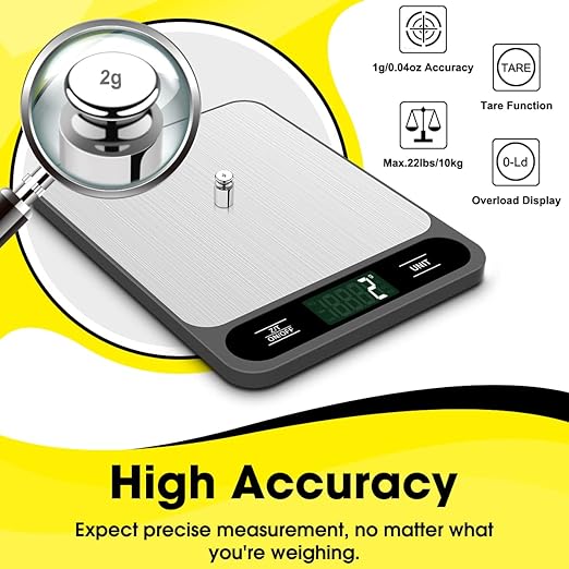 Mik-Nana Food Scale, 10kg/22lb Digital Kitchen Scale Weight Grams and Ounces for Baking Cooking Coffee Package Postage, 6 Units with Tare Function, LCD Display, Easy Clean Stainless Steel
