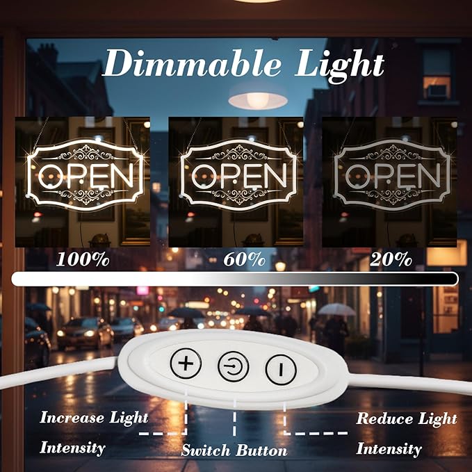 22" x 13" Open Sign for Business, LED Dimmable Neon Open Sign with 12V/2A Adapter, Warm White, Bright LED to Light Up Storefronts, Windows & Walls