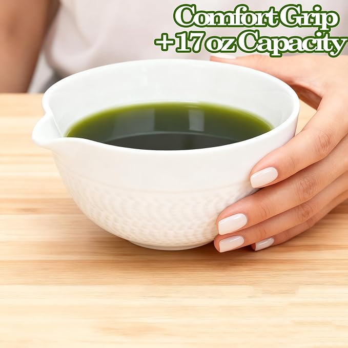 Matcha Bowl with Spout, Traditional Ceramic Matcha Tea Bowl Japanese Ceremonial Chawan for Whisking Mixing & Daily Use, 18oz/500ml White