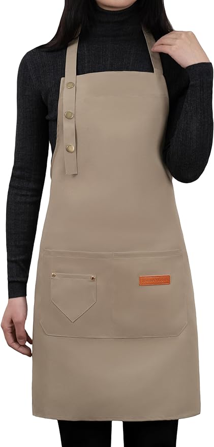 Apron for Men Women with Adjustable Straps and Large Pockets, Canvas Cotton Cooking Kitchen Chef Bib Aprons Waterproof Beige