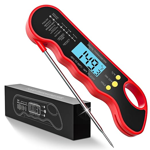 Instant Read Meat Thermometer, Fast & Accurate Digital Food Thermometer with Backlight, Waterproof & Magnet for Grilling, Cooking, BBQ, Smoker, Baking, and Candy Making Red