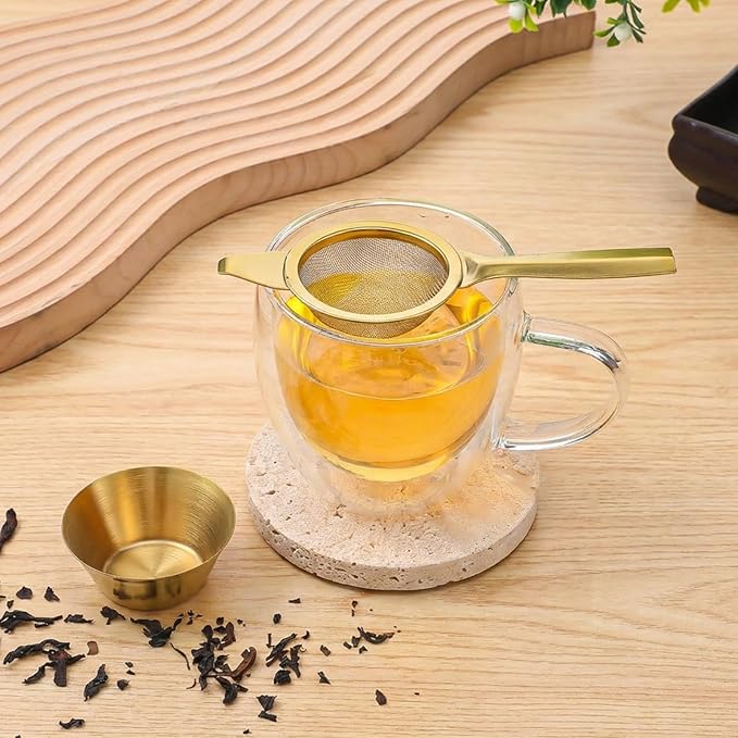 2 Pcs 2.36 Inch Mini Matcha Sifter, 30 Fine Mesh Stainless Steel Tea Strainer Dual-Use Matcha Sifter with Drip Cup for Loose Tea Coffee(gold)