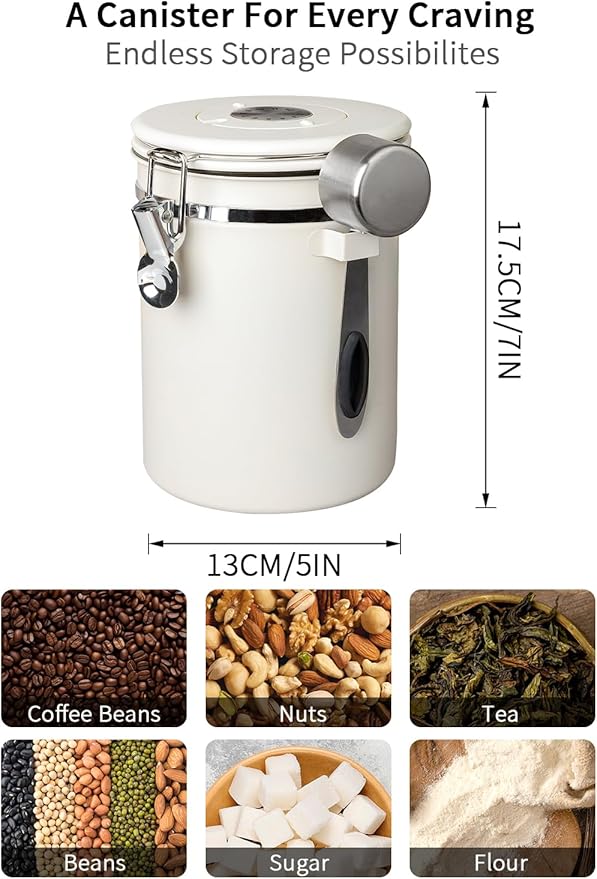 INFTYLE Coffee Canister with Airtight Lid, 22oz, 60 fl oz Cream, Stainless Steel Air Tight Lid Container with Date Tracker and Scoop Food Storage Jar for Grounds Coffee, Beans, Flour, Cereal