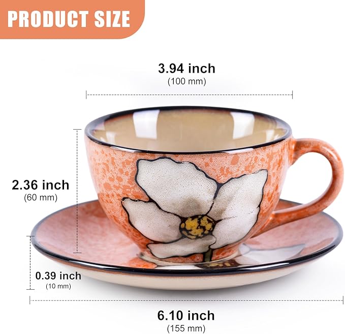 8 Oz Floral Porcelain Cappuccino Cups with Saucers Set of 4, Stoneware Tea Coffee Mugs for Home Kitchen & Office, Dishwasher Microwave Oven Safe, for Espresso, Latte, Americano, Milk & Tea, Pink
