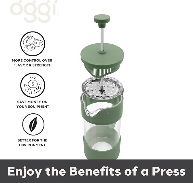 Oggi French Press Coffee Maker (12oz)- Borosilicate Glass, Coffee Press, Single Cup French Press, 3 cup Capacity, Olive