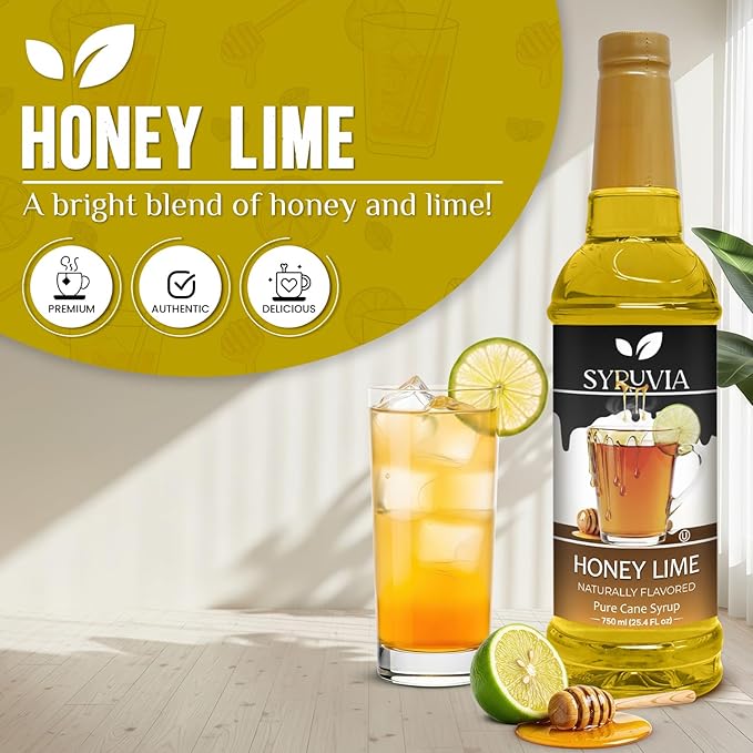 Syruvia Honey Lime Syrup, Natural Flavors, Syrup for Drinks, Lattes, and Desserts – 25.4 fl oz