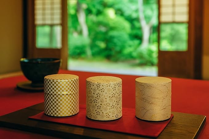 Japanese Pokkan Matcha Coffee Spice Tea Tin Canister Washi Paper Storage with Lid 7.05 oz Capacity (Kenran Ichimatsu,S)