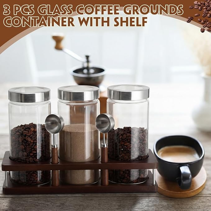 Suclain 3 Pcs Glass Coffee Bean Container 44 oz Airtight Coffee Canister with Shelf and Measuring Spoon Kitchen Food Canister Jar for Sugar Candy(Artsy Style, Wood, Glass, Stainless Steel, Acrylic)