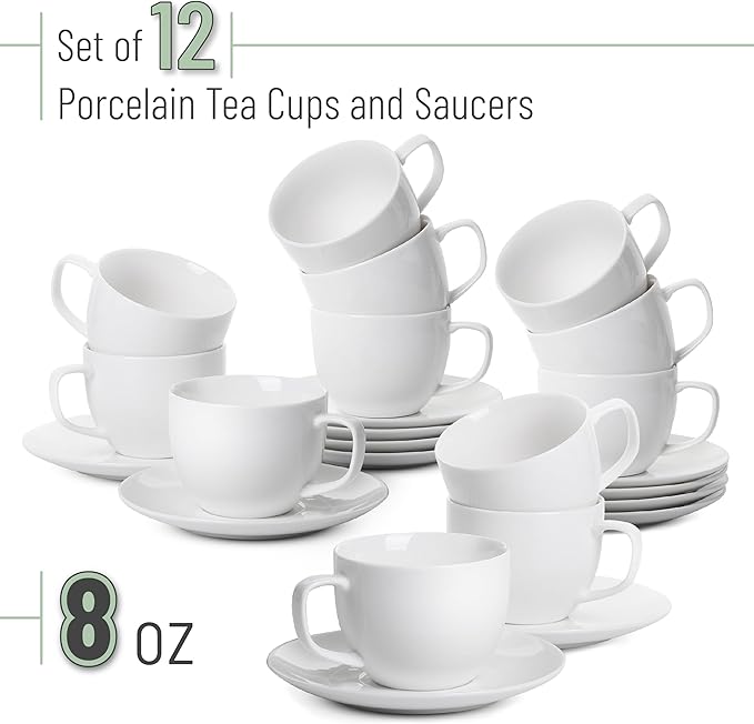 BTaT- Cappuccino Cups with Saucers 8 oz, Set of 12, White Porcelain Coffee Cup and Saucer Set for Latte, Mocha, Tea, Au Lait, Flat White, Dishwasher, Microwave, Freezer and Oven Safe