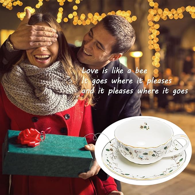 BigNoseDeer Gifts for Women Porcelain Tea cups and Saucers,Art Latte Cup, Cappuccino Cup,Cute Ceramic Coffee Mug Christmas Gifts(7oz)