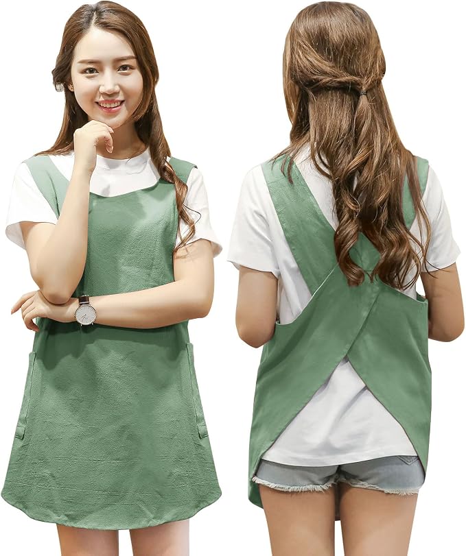 Shortened Design Apron, Japanese Style Soft Cotton Linen Apron with Two Side Pockets, X Cross Halter Aprons, Kitchen Cooking Clothes Gift for Women DIY Project, Crafting, Cooking, Baking(Mint Green) by KKTOCHVC