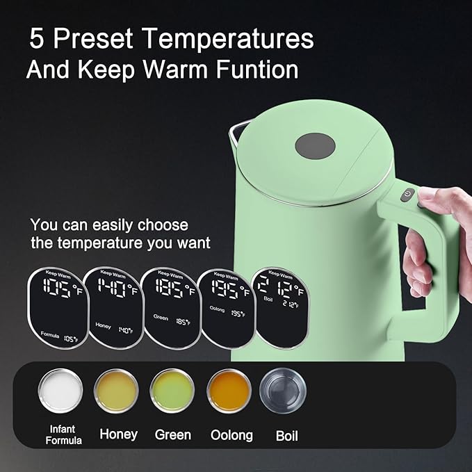 1.5L Electric Kettle Stainless Steel Double Wall Cold Touch Tea Kettle, Quick Boil, 5 Temperature Control, LED Display, Auto Shutoff, Warm Function, Green