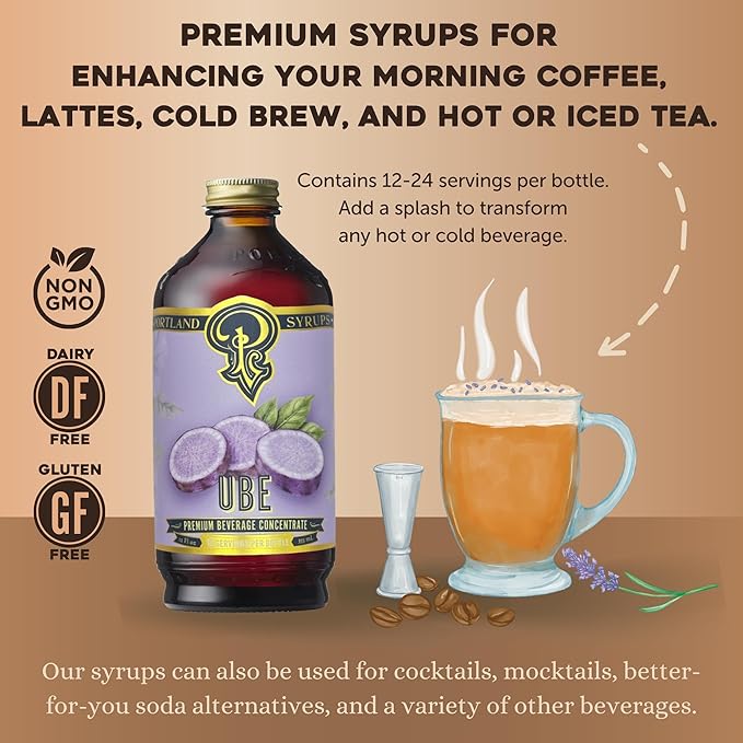 Portland Syrups Ube Syrup - Rich Ube Extract for Cocktails, Mocktails, Sodas, Non-Alcoholic Spritz, Coffee, Smoothies, Shakes, and Recipes, Flavorful Syrup for Drinks, 12 oz, 12 Servings, Pack of 1