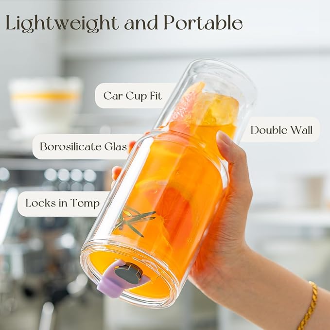 KEMORELA 28 oz Double Wall Glass Tumblers Set of 2, Extra-Wide 13mm Reusable Glass Drinking Straws, Boba Tumbler, Wide-Mouth Water Cups for Iced Coffee, Smoothies, Boba & Tea Lovers (Clear)