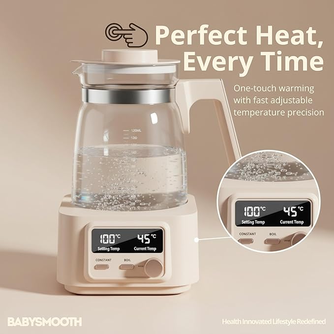 Babysmooth Smart Kettle Pro Glass Electric Kettle, 1.3L Digital LED Kettle with 40-100°C Temperature Control, 72H Auto Keep Warm, Silent Operation, BPA-Free for Baby Formula, Tea & Coffee Brewing