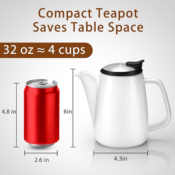 Ceramic Teapot with Infuser, 32 oz Loose Leaf Tea Pot Ceramic with Removable Stainless Steel Infuser, Mess-Free Loose Tea Diffusers, Ideal for Tea Steeper (White)