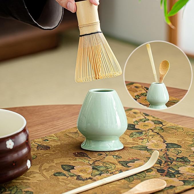 Traditional Japanese Matcha Tea Whisk Set, 4 Piece Bamboo Ceremonial Kit with Ceramic Holder (Celadon)