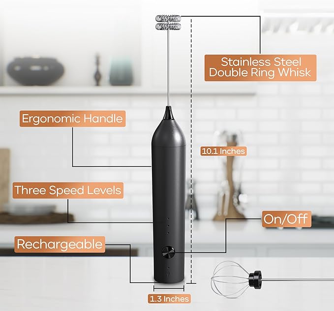 Handheld Milk Frother Wand Rechargeable with Stand - Double Whisk Milk Frother Handheld -3 Speed Levels- Coffee Stirrers Electric Drink Mixer - Coffee Frother Handheld (Upgraded - Black with Stand)