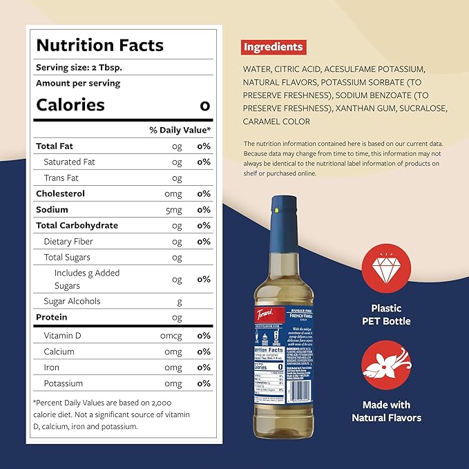 Torani Sugar Free Coffee Syrup, French Vanilla Flavored Syrup for Drinks, Zero Calorie, Pump Included, 25.4 Fl Oz