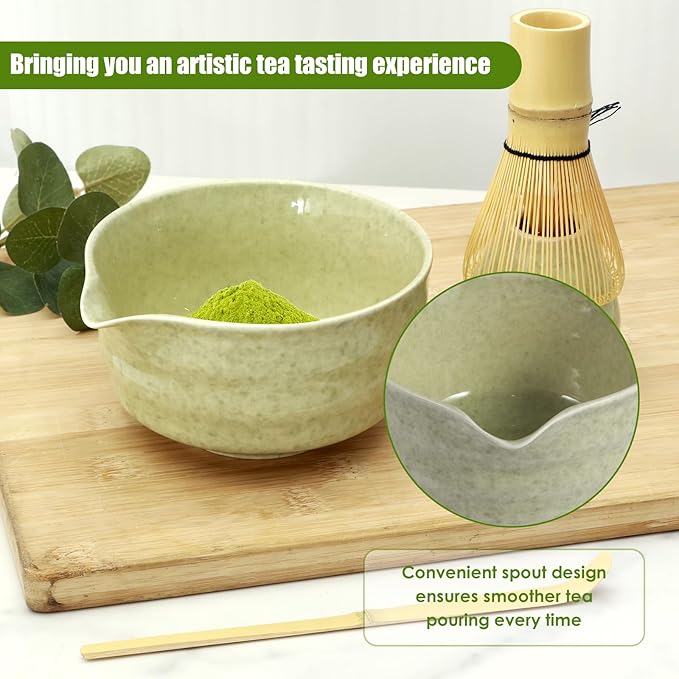 4PCS Matcha Whisk Set,Elegant Matcha Tea Set,Exquisite Matcha Kit with Ceramic Matcha Bowl,Matcha Whisk Holder,Bamboo Matcha Whisk and Bamboo Scoop Bamboo Tea Steeper Matcha Tools (Matcha Green)