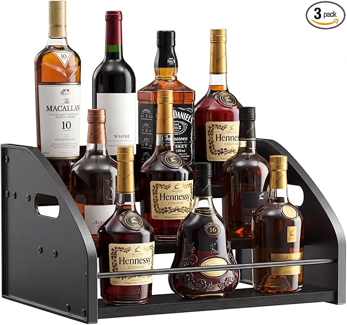 Countertop Liquor Bottle Organizer Shelf – Rustic Display Rack for Wine & Coffee Syrups, Freestanding Bar and Kitchen Storage with Easy-Carry Handles (3-Tier)