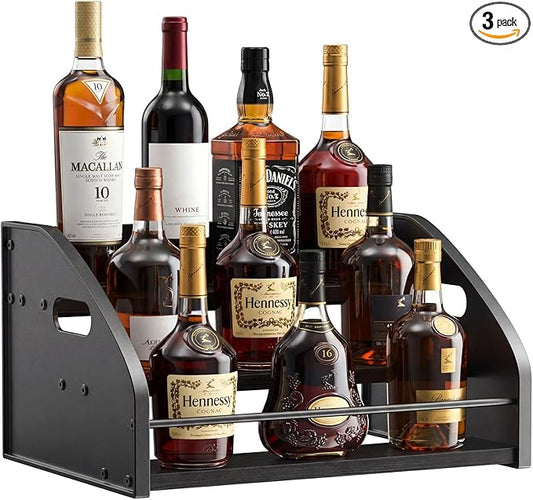 Countertop Liquor Bottle Organizer Shelf – Rustic Display Rack for Wine & Coffee Syrups, Freestanding Bar and Kitchen Storage with Easy-Carry Handles (3-Tier)